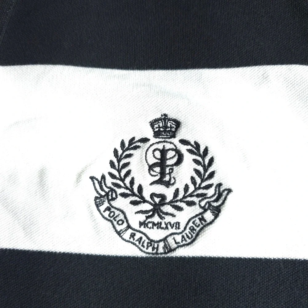 Polo Ralph Lauren Shirt Mens L Black White Striped Crest Logo‎ Short Sleeve Pony